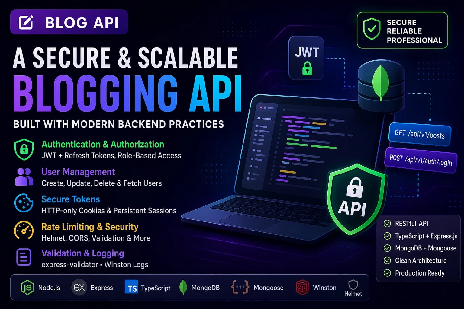 Secure blogging API showcase with JWT authentication, MongoDB, REST endpoints, and backend security features.