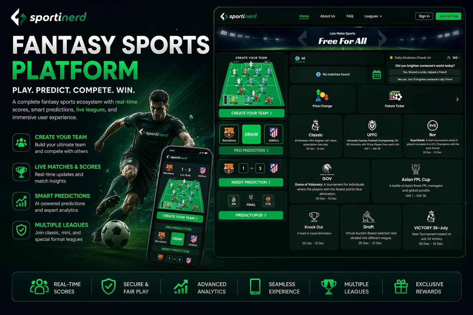 Sportinerd fantasy sports platform with live scores, team creation, prediction cards, leagues, and mobile interface.